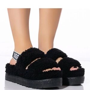 UGG Women's Oh Fluffita slingback slippers in black curly sheepskin size 7 logo